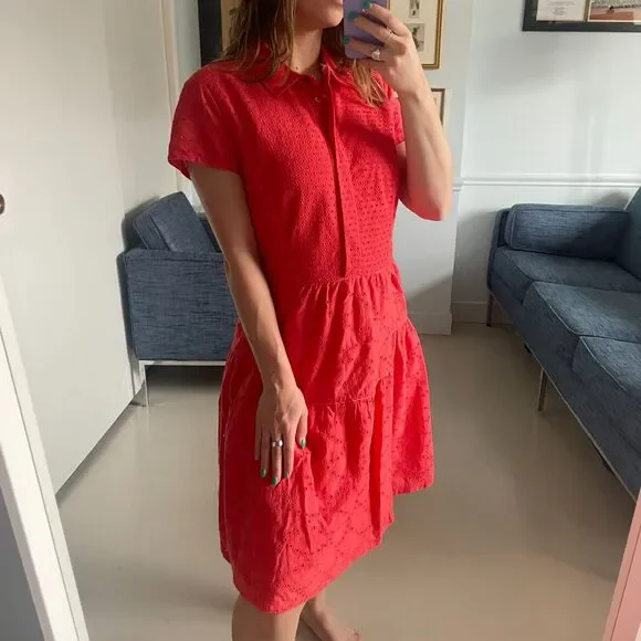 Diane von Furstenberg Collared Button up Eyelet Dress Coral Size 10 - Picture 4 of 9